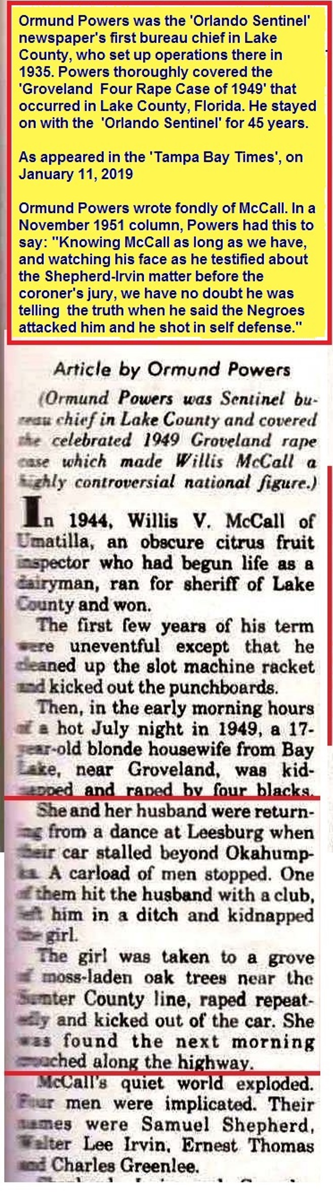 RAPE ACOUNT GROVELAND FOUR  An AUTOBIOGRAPHY BY WILLIS V. MCCALL SHERIFF OF LAKE COUNTY 1945-1972